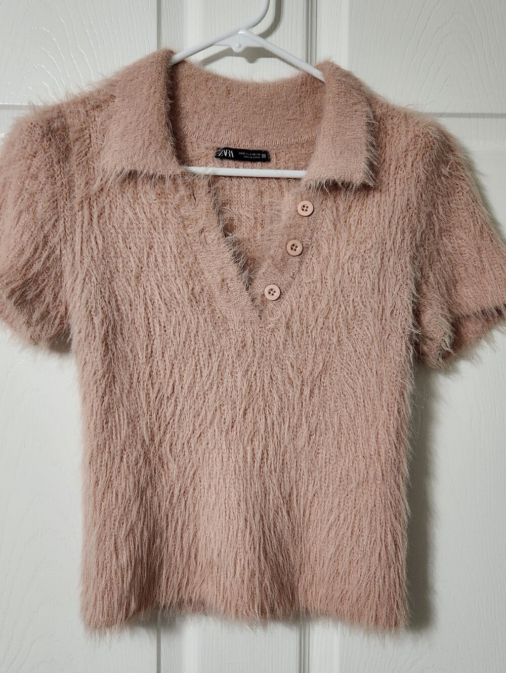 Zara Plush Fuzzy Short Sleeve Polo - Blush Pink, Size S